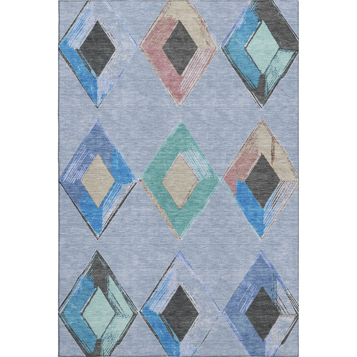 10' X 14' Geometric Washable Area Rug With UV Protection (710687) - Denim Blue / Charcoal / Mauve