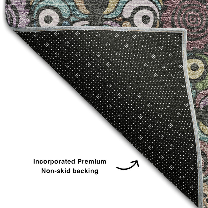 10' X 14' Medallion Washable Area Rug With UV Protection (667679) - Black / Purple / Teal