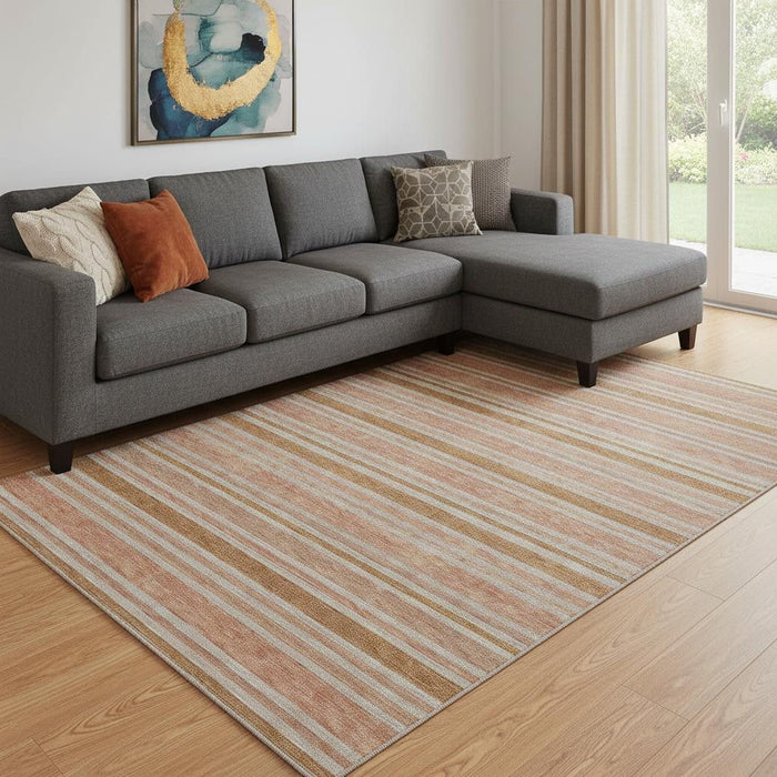 10' X 14' Striped Washable Area Rug With UV Protection (647854) - Rust / Beige