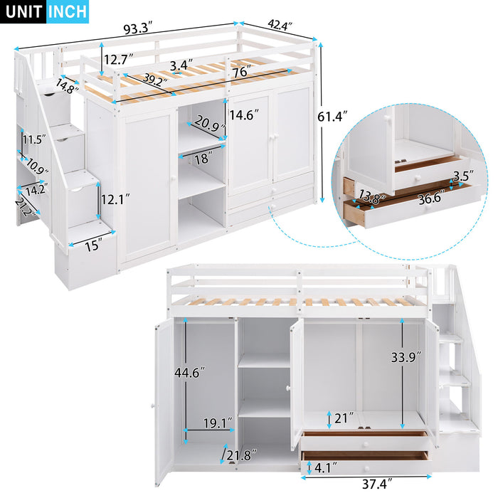 Giga loft bed with three shelves, two wardrobes, two drawers, and a ladder with storage, showcasing a multi-functional bedroom setup.