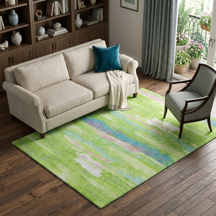 10' X 14' Abstract Washable Area Rug With UV Protection (675024) - Lime Green / Blue / Pink