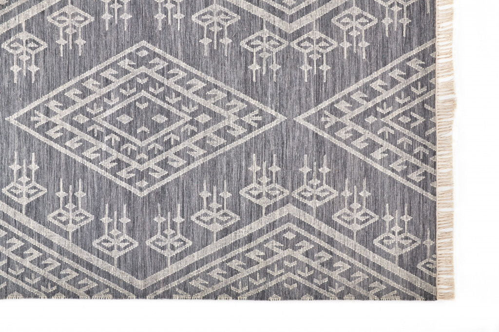9' x 12' Wool Geometric Dhurrie Flatweave Handmade Area Rug With Fringe - Gray Ivory And Blue