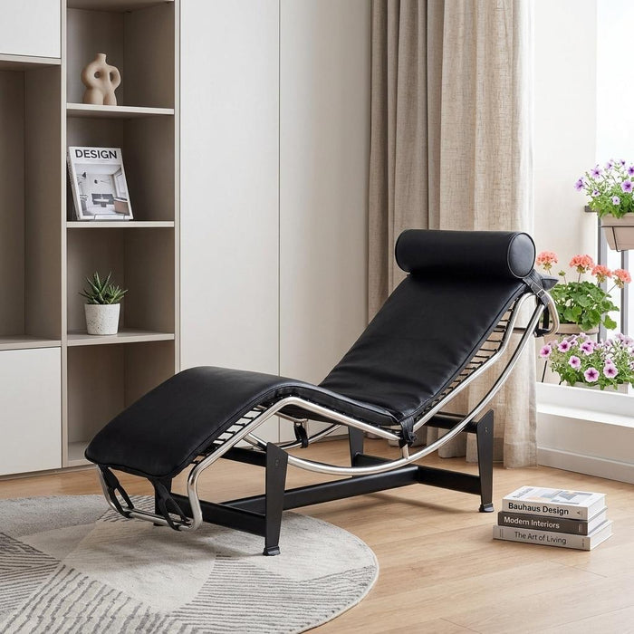 Leather Adjustable Lounge Chair With Pillow - Black / Silver