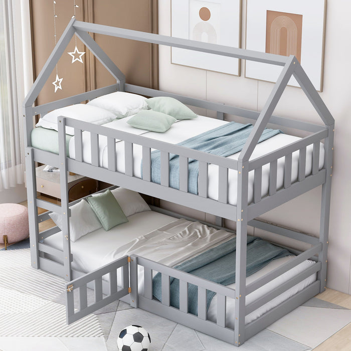 Giga twin over twin house bunk bed with safety fence and door, featuring a cozy, space-saving design for children's bedrooms