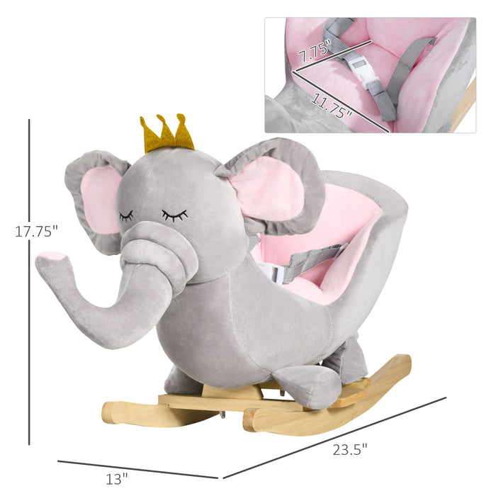 Gray baby rocking horse elephant toddler rocker with wooden base, safety belt, sound feature, suitable for ages 1.5-3 years.