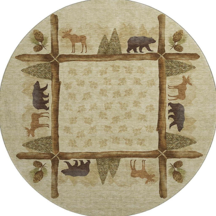 8' Animal Print Washable Round Rug Polyester With UV Protection - Brown / Rust