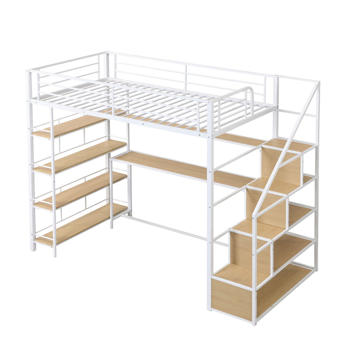 White Giga twin size loft bed with built-in desk, staircase storage, and four-tier shelves, showcasing a modern space-saving design.