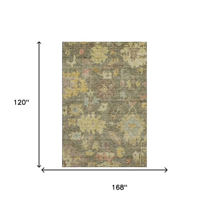 10' X 14' Floral Washable Area Rug With UV Protection (684498) - Artichoke Green / Gold / Gray