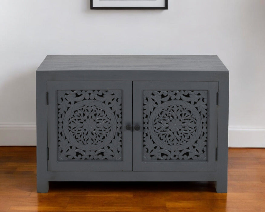 30" Distressed Solid Wood Textured Door Accent Cabinet With Two Doors - Black