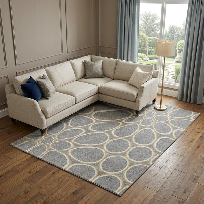 10' X 14' Geometric Washable Area Rug With UV Protection (681689) - Gray / Ivory / Gold