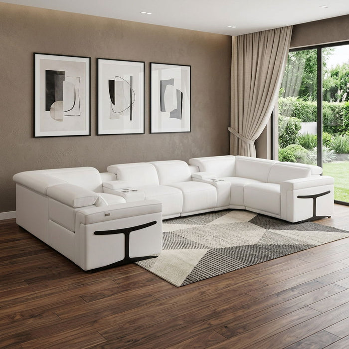 Italian Leather Modular U Shaped 8 Piece Corner Sectional With Console - White