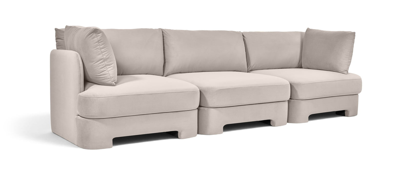 Meridian Furniture Hammond velvet performance fabric 3-piece sectional sofa with upholstered stationary design and plush cushions.