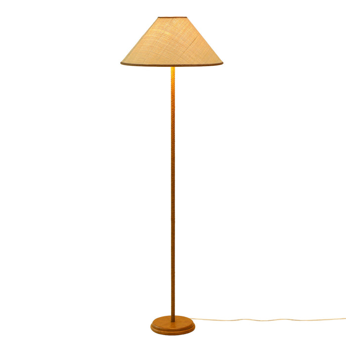 TOV Furniture Keria vegan leather and raffia designer floor lamp with natural finish, featuring a tall, elegant standing design.
