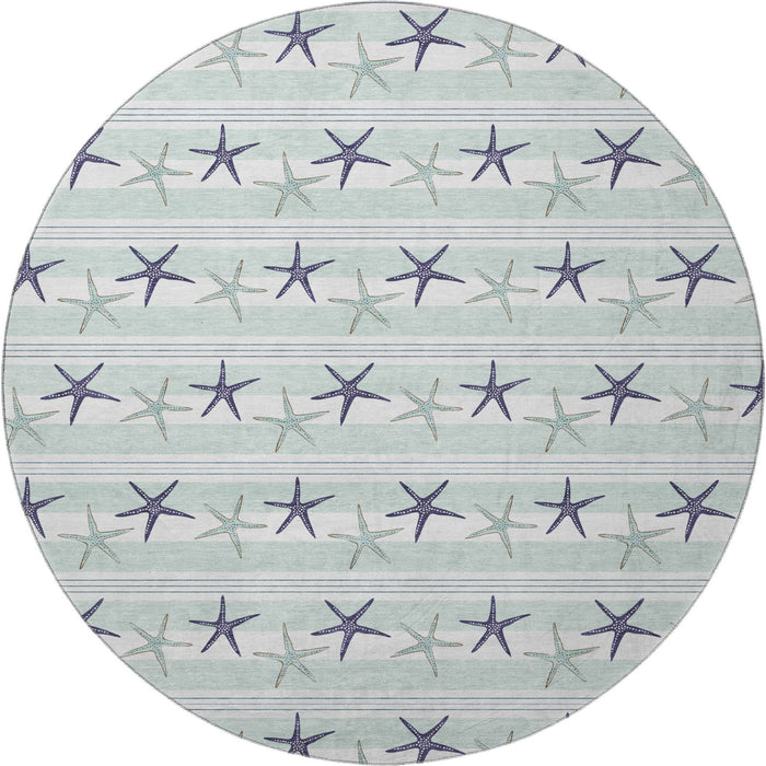 8' Geometric Washable Round Rug With UV Protection (646124) - Aqua / Navy Blue / Ivory