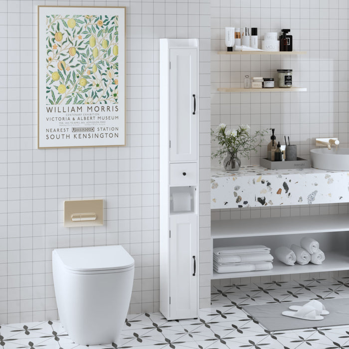 Giga slim tall white bathroom linen cabinet with two doors and adjustable shelves, freestanding storage for bathroom organization.