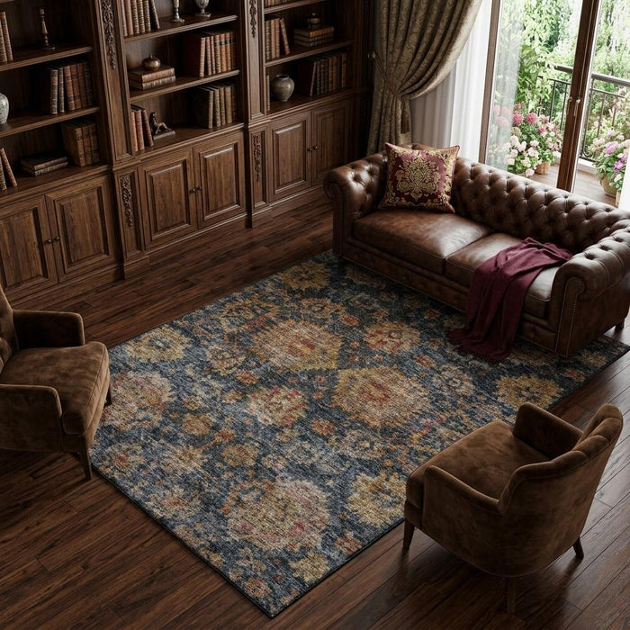 10' X 14' Damask Washable Area Rug With UV Protection (684160) - Navy Blue / Copper