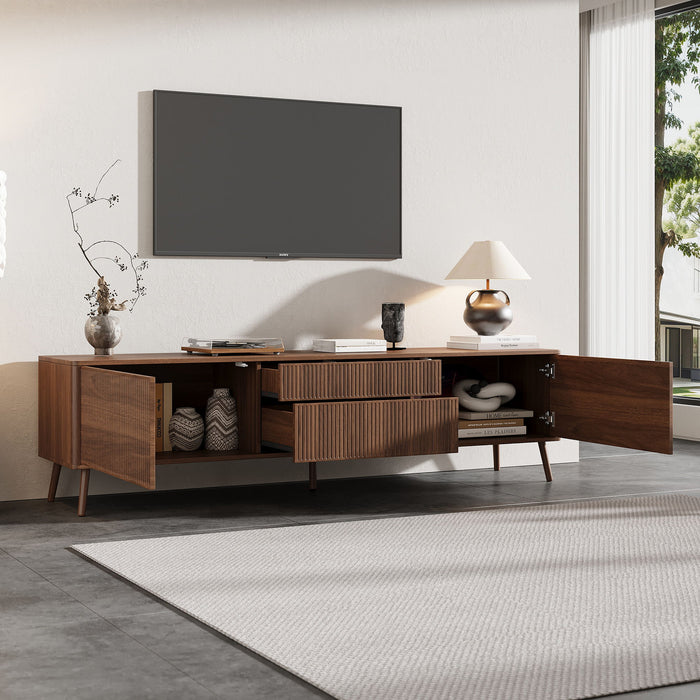 Giga walnut fluted TV stand with storage drawers, cabinets, soft-close hinges, cable management for TVs up to 80 inches
