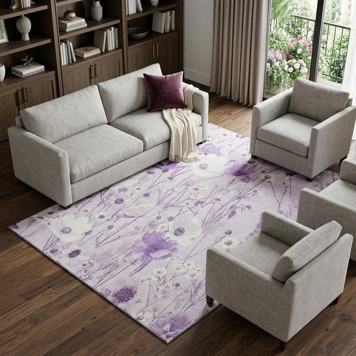 10' X 14' Floral Washable Area Rug With UV Protection (694068) - Lavender / Ivory
