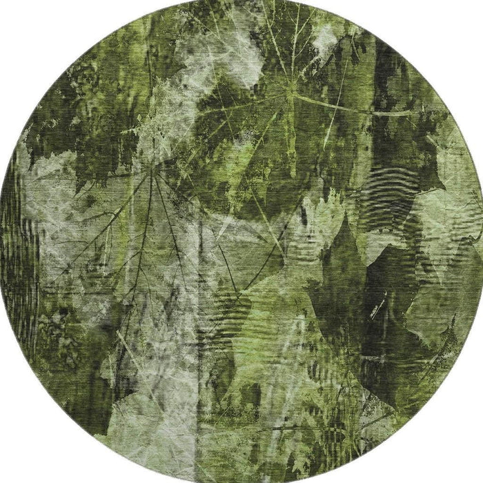 8' Floral Washable Round Rug With UV Protection (649069) - Green / Ivory