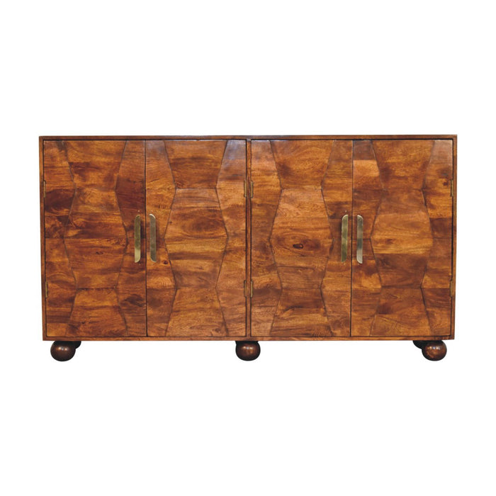 36" Solid Wood Carved Geometric Accent Cabinet With Four Doors - Chestnut