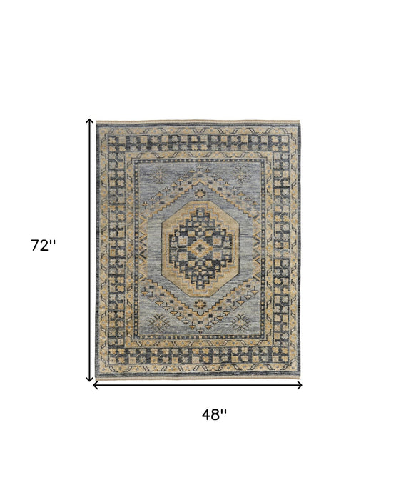4' x 6' Wool Oriental Hand Knotted Area Rug With Fringe - Blue Gray And Tan