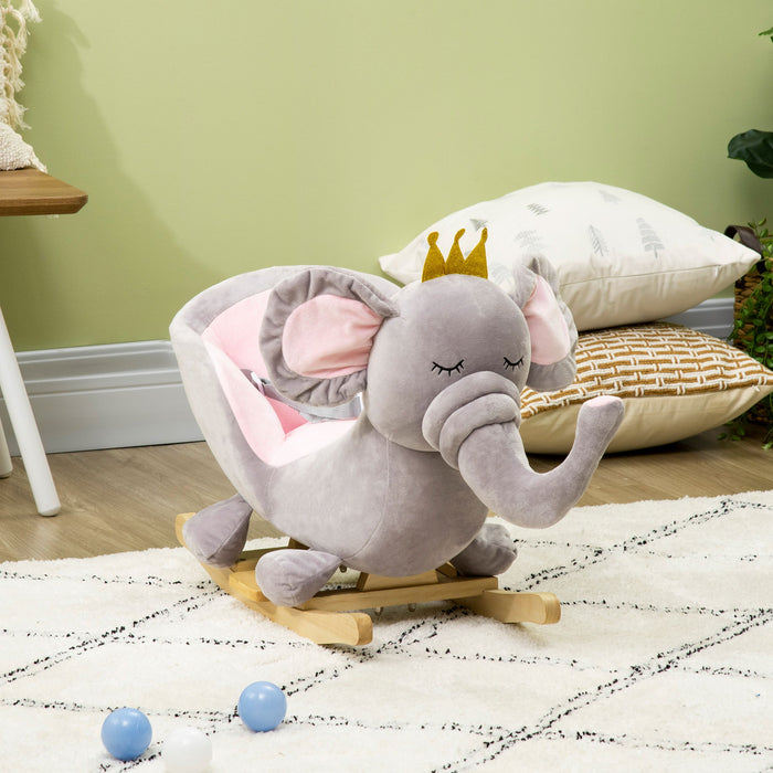 Gray wooden baby rocking horse with elephant design, Giga toddler rocker chair with sound, safety belt, suitable for ages 1.5-3 years.
