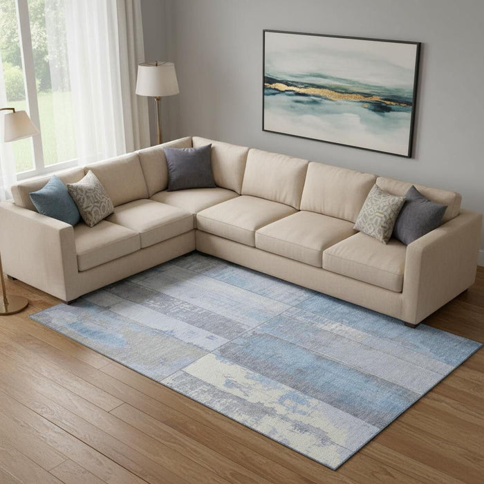10' X 14' Geometric Washable Area Rug With UV Protection (706571) - Sky Blue / Gray