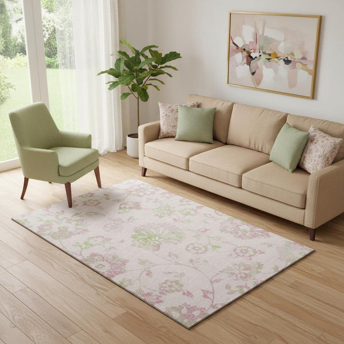 5' X 8' Floral Washable Area Rug With UV Protection (667935) - Pink / Green