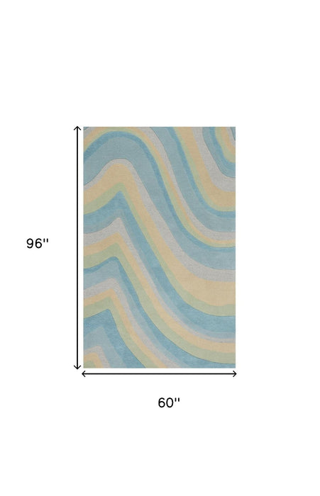 5' x 8' Hand Tufted Abstract Waves Indoor Area Rug - Ocean Blue Beige