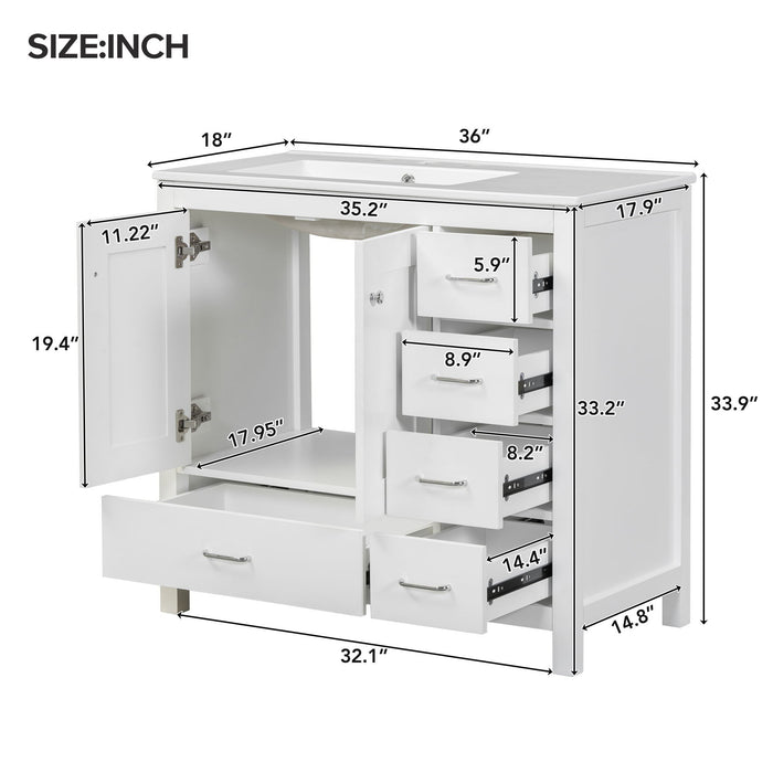 Giga bathroom vanity with ceramic sink, storage cabinet, two soft-close doors, and five drawers in a modern design.