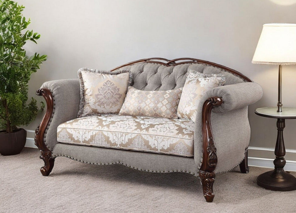 Brown Linen Loveseat And Toss Pillows - Beige / Dark