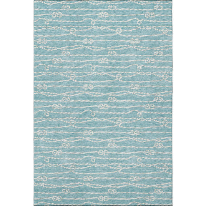 8' X 10' Nautical Washable Area Rug With UV Protection - Teal Blue And Ivory