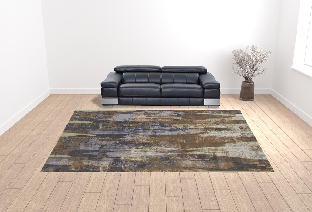 12' x 15' Abstract Power Loom Distressed Area Rug - Brown Blue And Ivory
