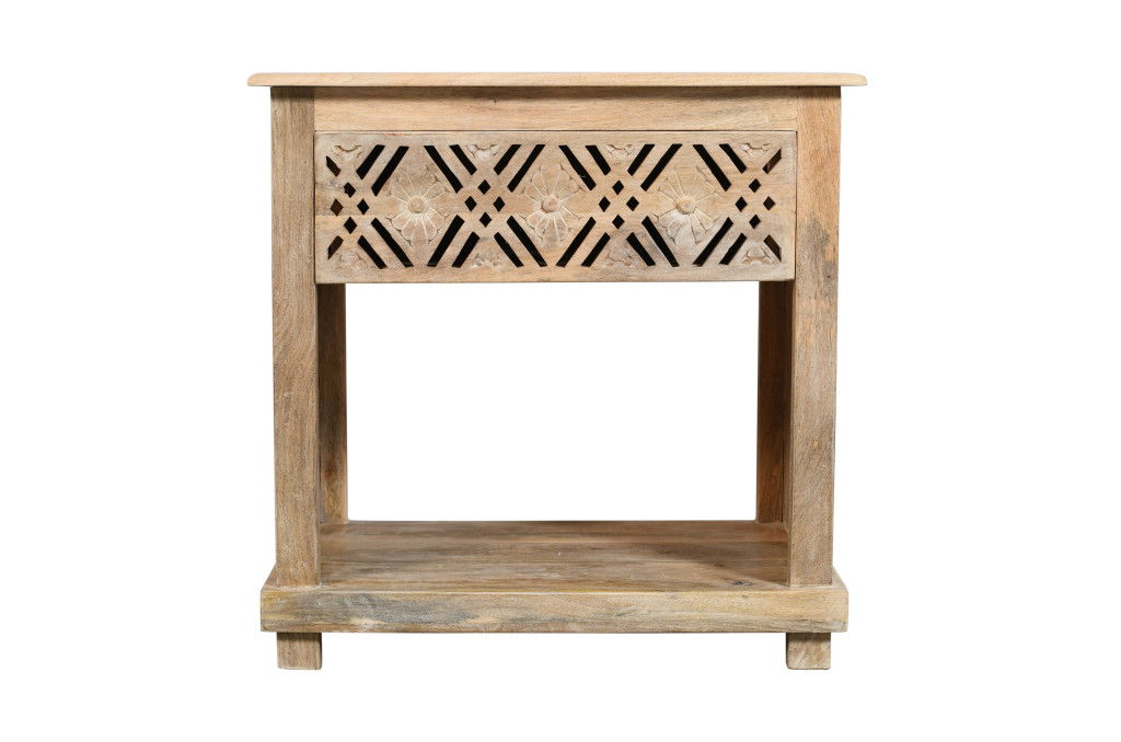 28" Solid Wood Carved Geometric One Drawer Nightstand - Natural