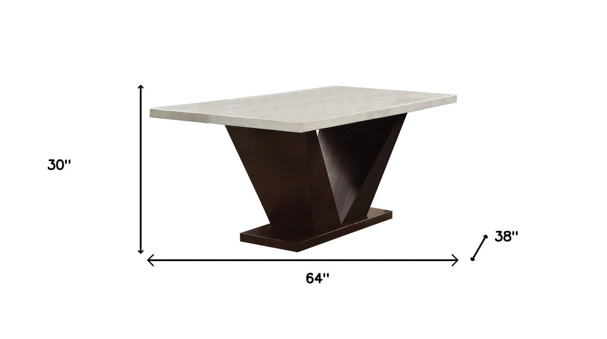 64" Marble And Solid Manufactured Wood Pedestal Base Dining Table - Brown / White