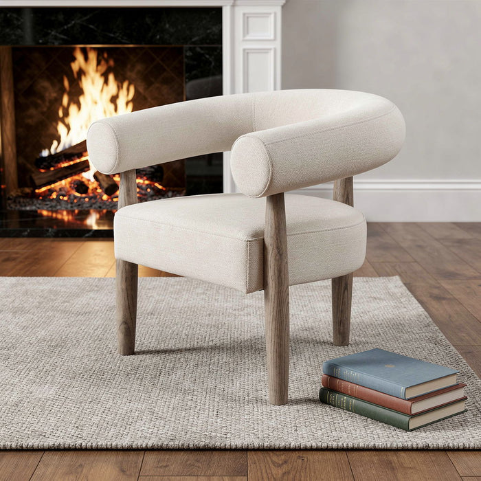 29" Fabric And Wood Curved Arm Chair - Cream / Light