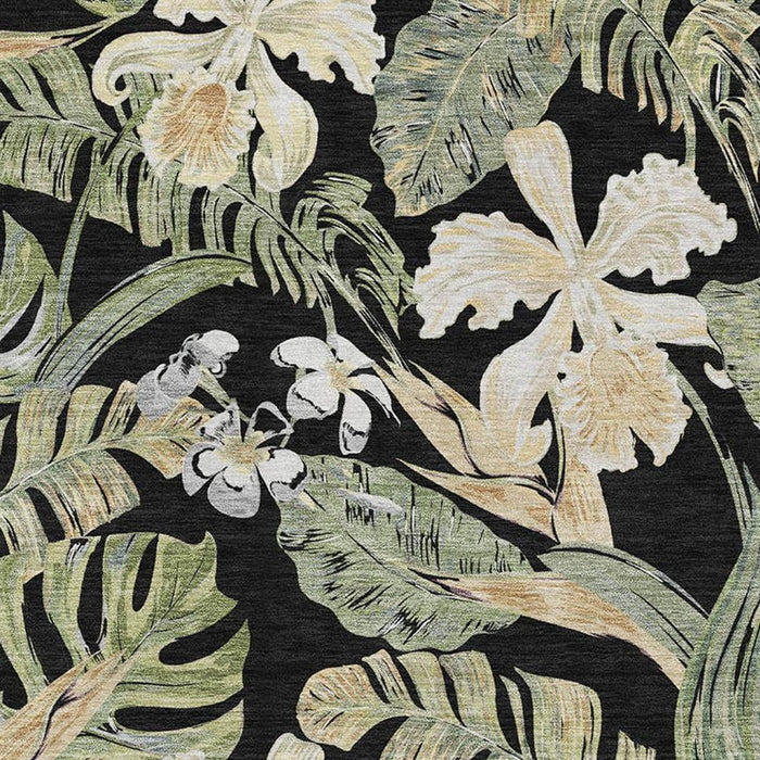 10' X 14' Floral Washable Area Rug With UV Protection (697824) - Black / Green / Beige