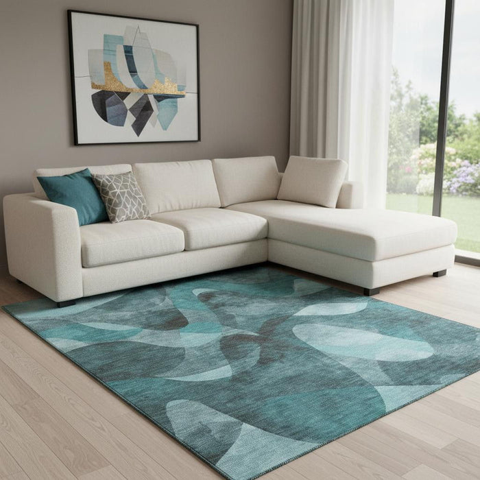 10' X 14' Abstract Washable Area Rug With UV Protection (648106) - Teal / Ivory