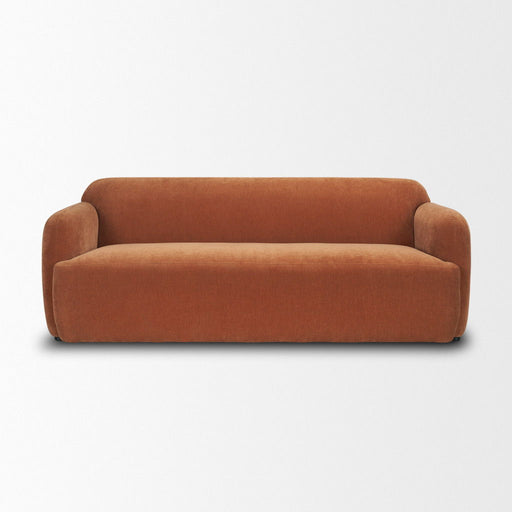 Orange fabric sofa from HomeRoots, stationary living room furniture with plush cushions and modern design.