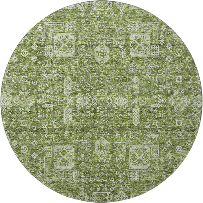 8' Floral Washable Round Rug With UV Protection (653347) - Artichoke Green / Ivory