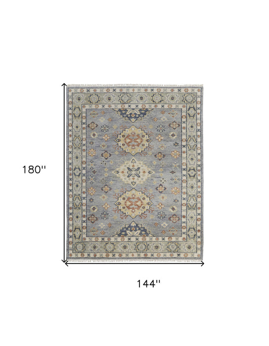 12' x 15' Wool Geometric Hand Knotted Area Rug With Fringe - Gray Blue And Taupe