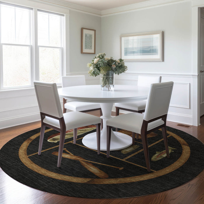 8' Nautical Washable Round Rug With UV Protection - Midnight