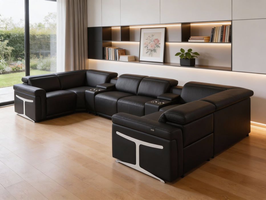 Leather Power Reclining U Shaped Eight Piece Corner Sectional With Console - Black