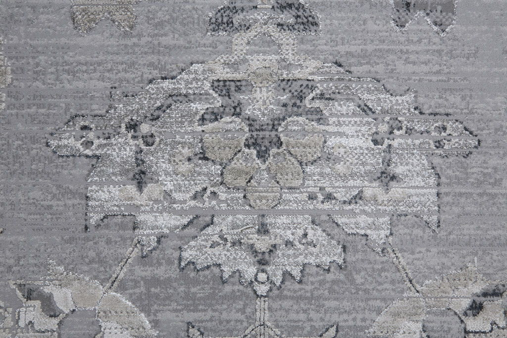 12' x 15' Floral Power Loom Distressed Area Rug - Silver And Black
