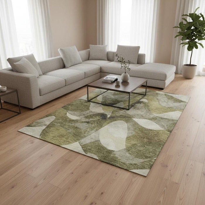 10' X 14' Abstract Washable Area Rug With UV Protection (648094) - Olive Green / Gray / Ivory