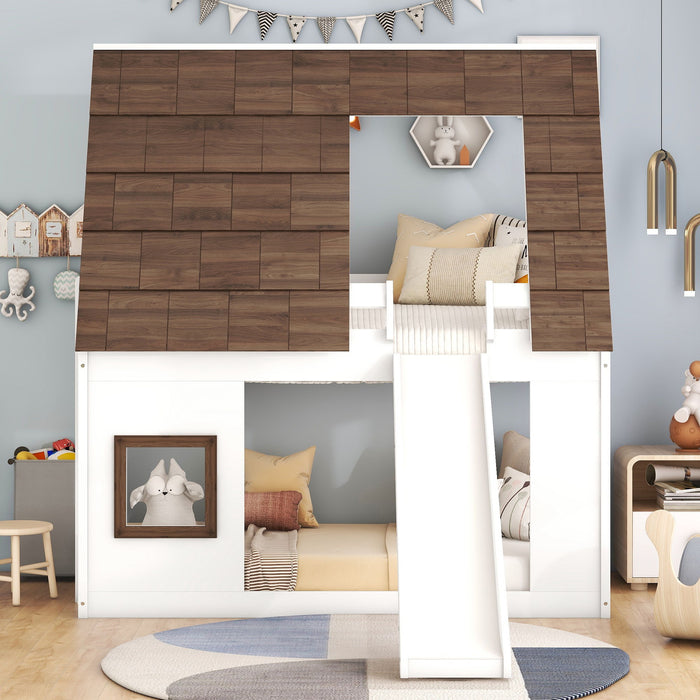 Giga wood twin size house bunk bed with roof, ladder, and slide in white and brown, featuring a cozy house design for kids.