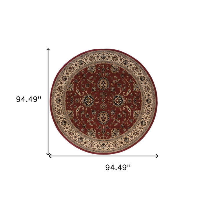 8' Traditional Oriental Polypropylene Round Rug - Red And Ivory