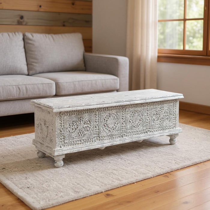 54" Solid Wood Medallion Storage Ottoman - White