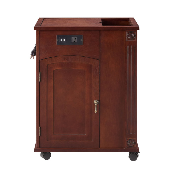 Red Walnut Giga traditional end table with built-in charging station, USB ports, outlets, narrow design, elegant side table.