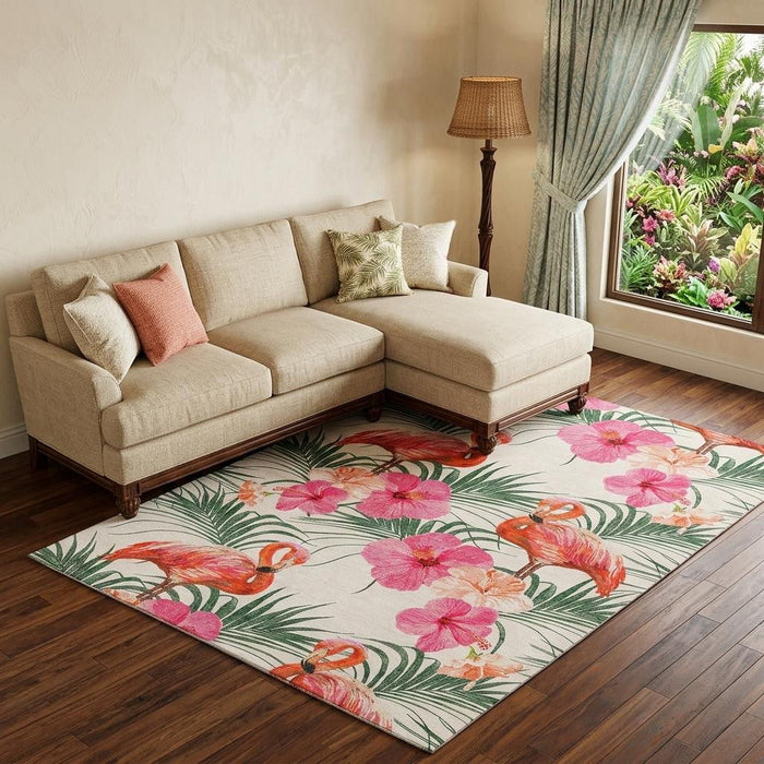10' X 14' Geometric Washable Area Rug With UV Protection (646379) - Pink / Ivory / Green